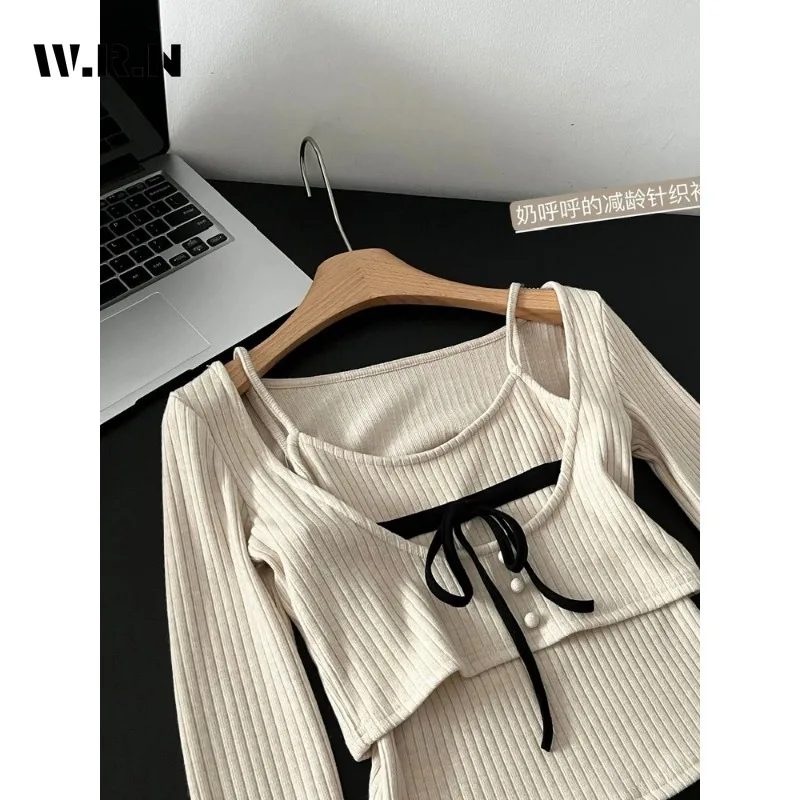 Women Korean Fashion Coquette Two Piece Sets Cropped Sweater Pullovers Top Jumper Design Gyaru Knitwears 2000s Tide Fall Winter