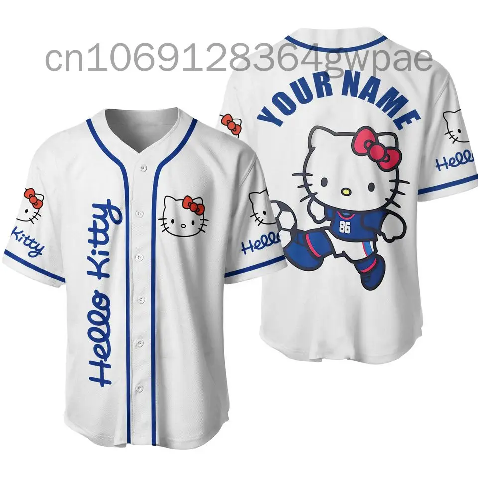 22024 Summer Hello Kitty Baseball Jersey Men's Women's Short-Sleeved Sports Cardigan Quick-Drying Baseball Uniform Hawaiian Shir