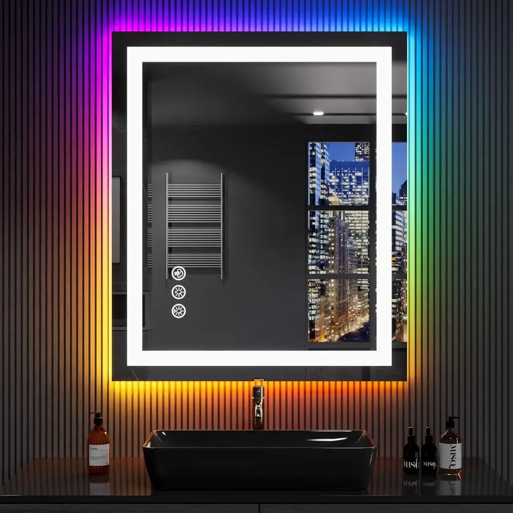 LED-Illuminated 24x32 Anti-Fog Bathroom Mirror with RGB Backlight, Dimmable, Front Lighting, Tempered Glass, Wall-Mounted Vanity