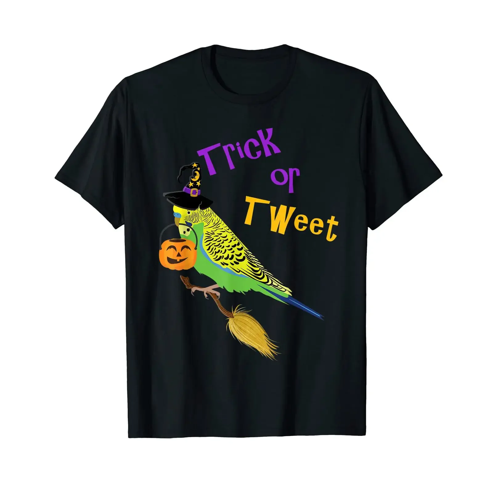 Halloween Trick or Tweet green budgie cute graphic bird T Shirt vintage Washed Breathable Versatile Comfortable