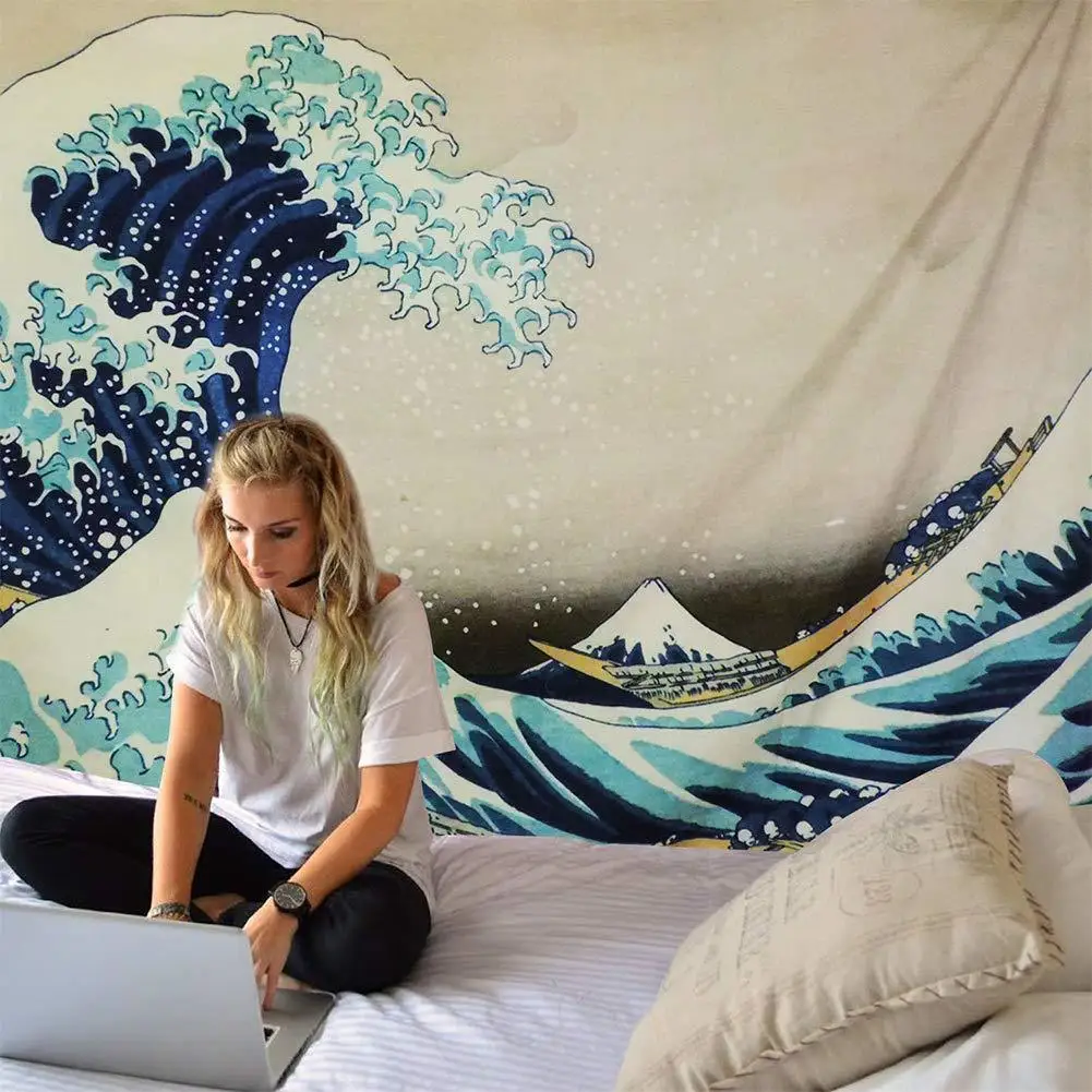 Die große Welle vor Kanagawa Wandteppich, japanischer Ukiyo-e Wandbehang, Polyester-Stoffkunst für Schlafzimmer- und Wohnzimmerdekoration