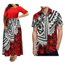 Samoan Couple Suit Polynesian Island-Style Stylish Women'S Short-Sleeved Dress Matched With Men'S Aloha Shirt