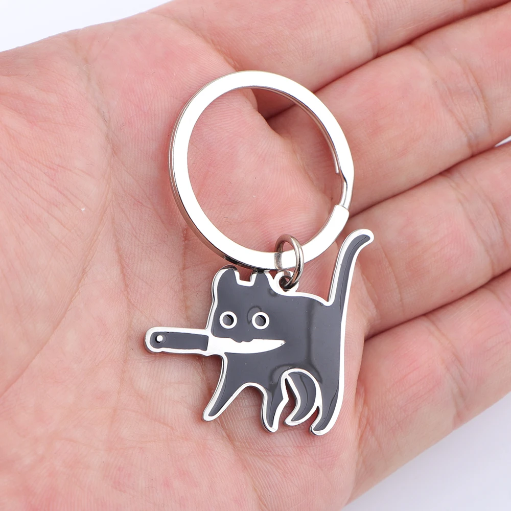 5 pçs/lote aço inoxidável dos desenhos animados gato preto chaveiro gatinho com faca na boca charme mochila carro chaveiro jóias decoração