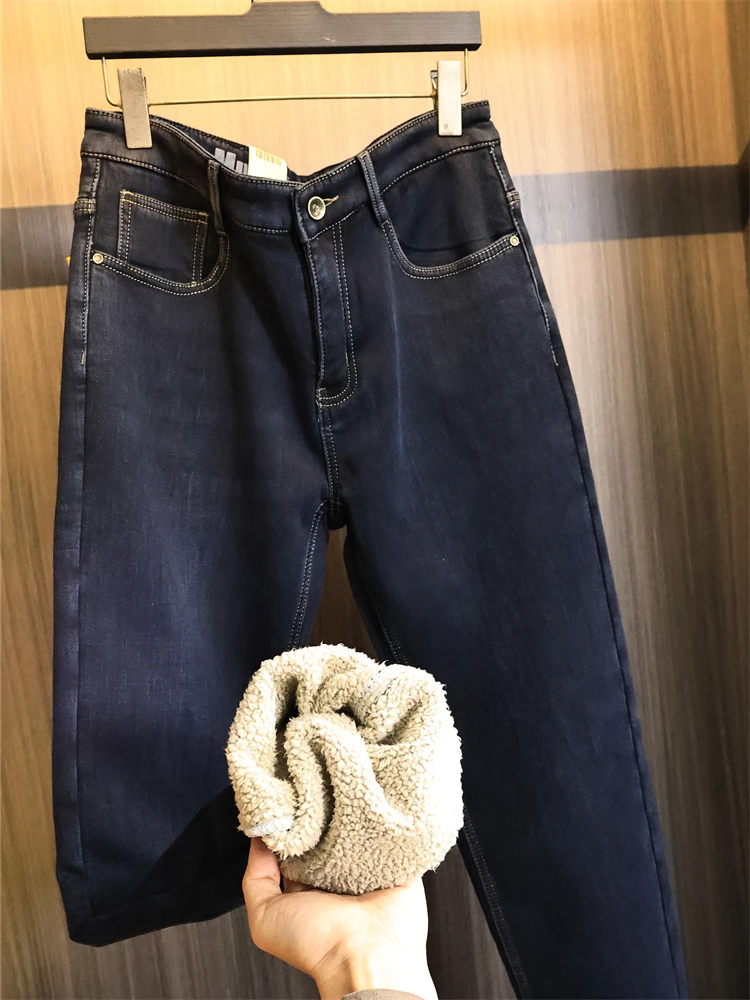 

Мужские джинсы Thiened Lamb Velvet Fce, зимние модные эластичные хлопковые эластичные прямые длинные брюки, молодежные брюки