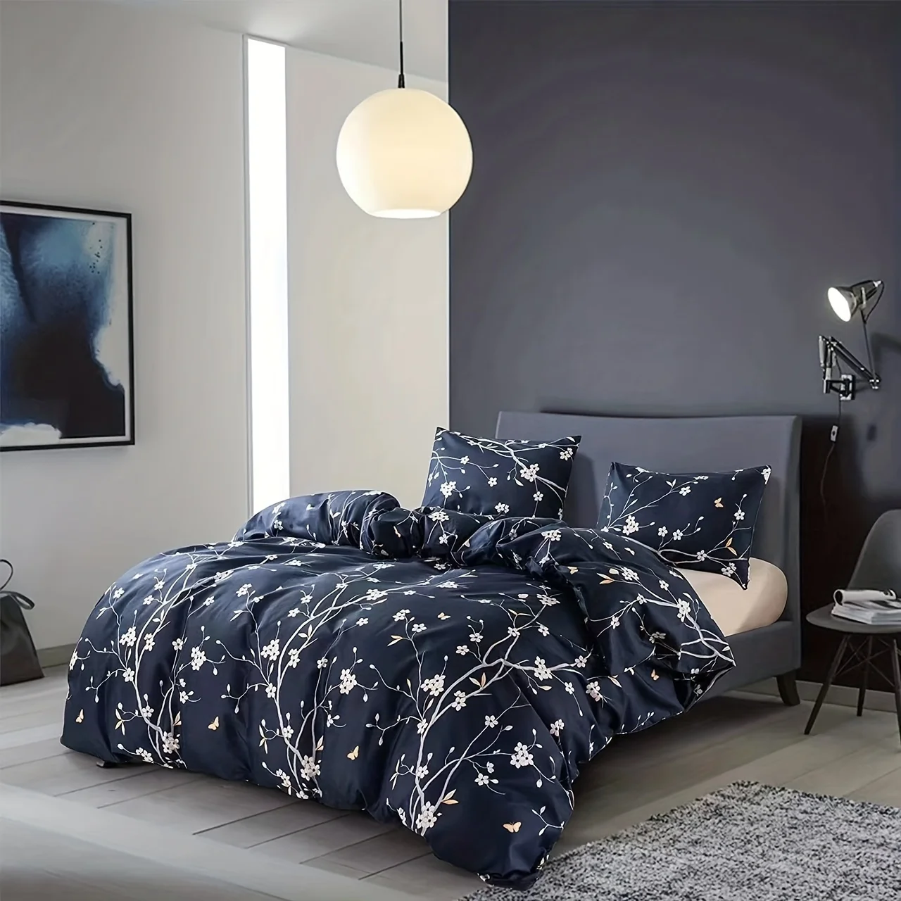 Floral Duvet Cover Set Navy Blue Boho Microfiber Plum Blossom Pattern Reversible Comforter Covers for Adults Teens 3pcs Bedding