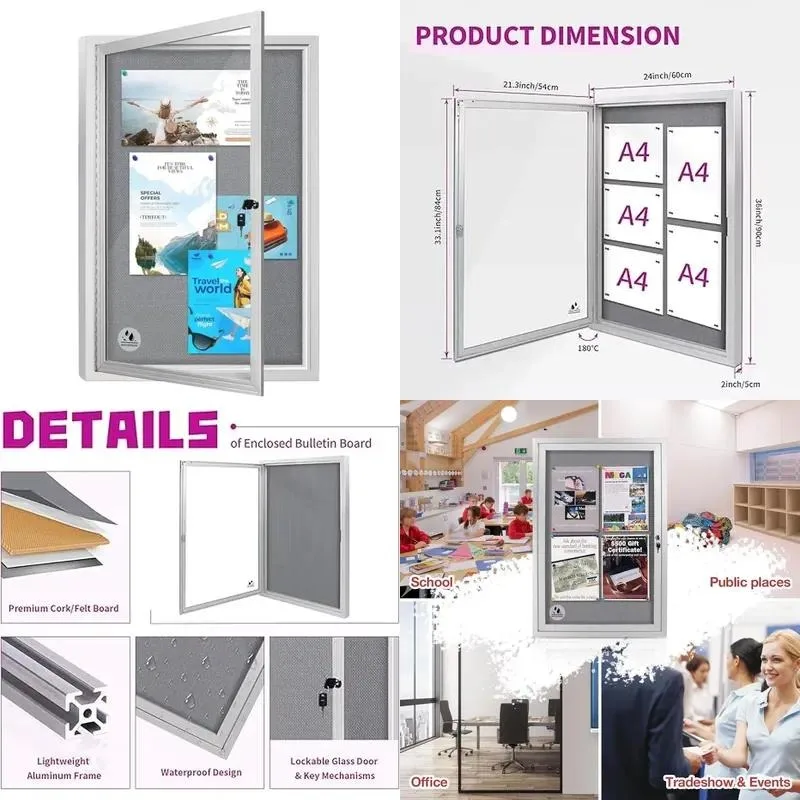 Outdoor Weatherproof Closed Fabric Bulletin Board Bulletin Board Housing with Lockable Glass Door Silver Aluminum Frame
