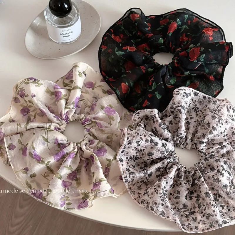 

Chiffon light yarn large double-layer circle retro printing gentle disc hair ponytail hair rope new versatile headgear