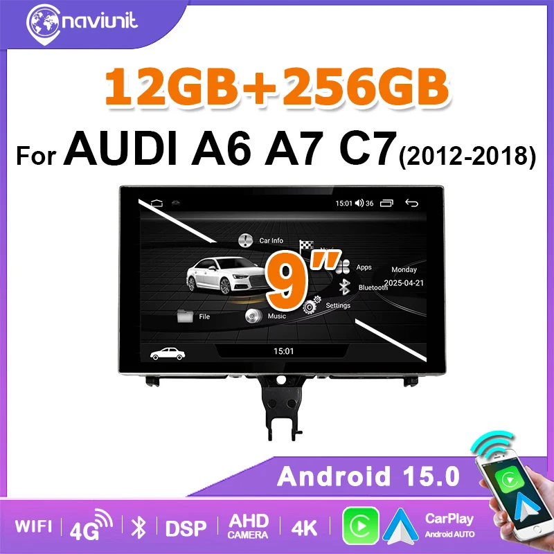 Autoradio sans fil Carplay Android 15 avec écran 9 pouces pour Audi A6 C7 A7 2012-2018, lecteur multimédia GPS 12G 256G