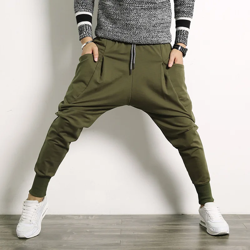 Pantalones bombachos negros para hombre, ropa de calle informal de Hip Hop, pantalones de Jogger sólidos, pantalones de chándal con bolsillo lateral