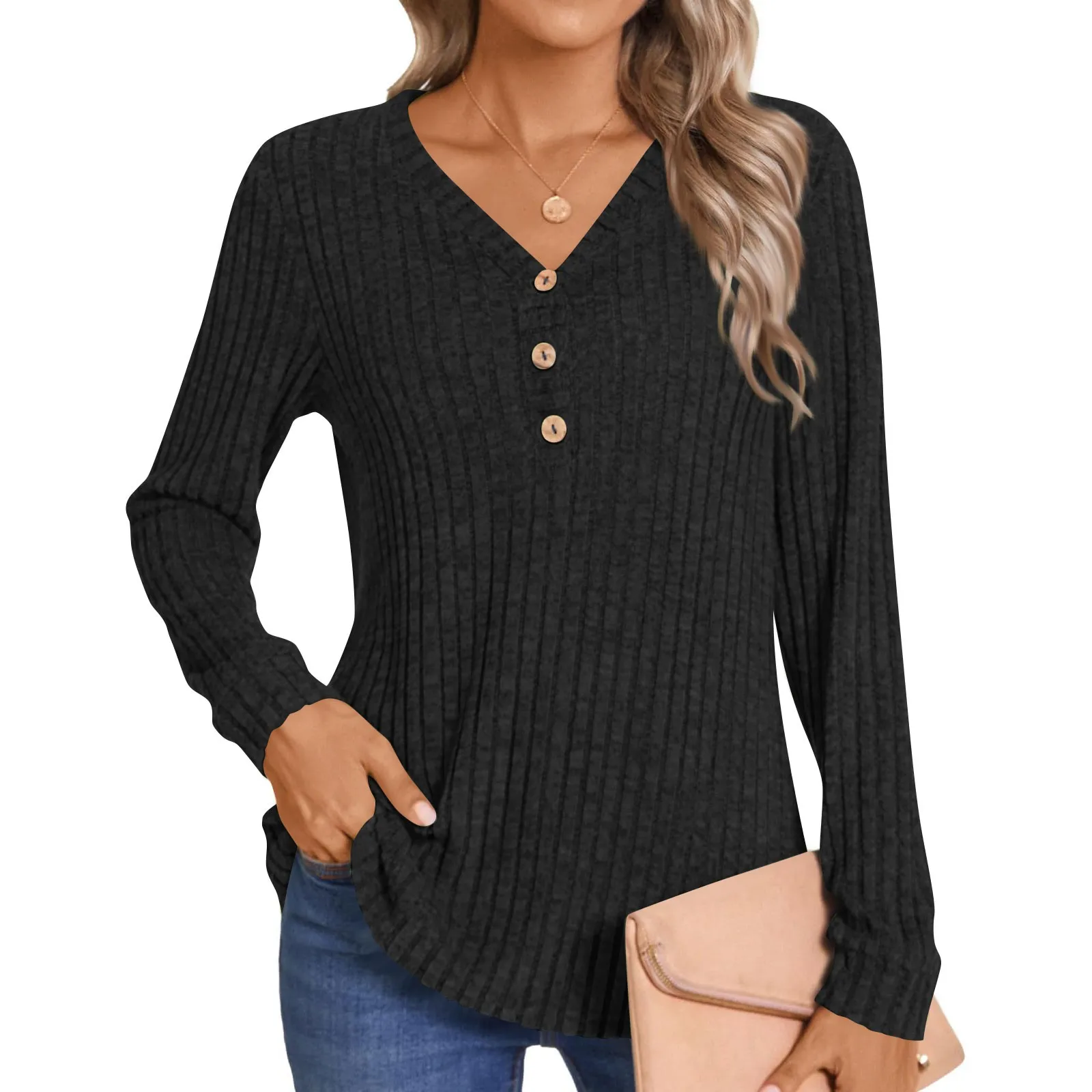 

Autumn Fashion Sweater Solid Color V-Neck Button Up Pullover Loose Long Sleeved T-Shirt Top For Women SuéTer Hoodies Women