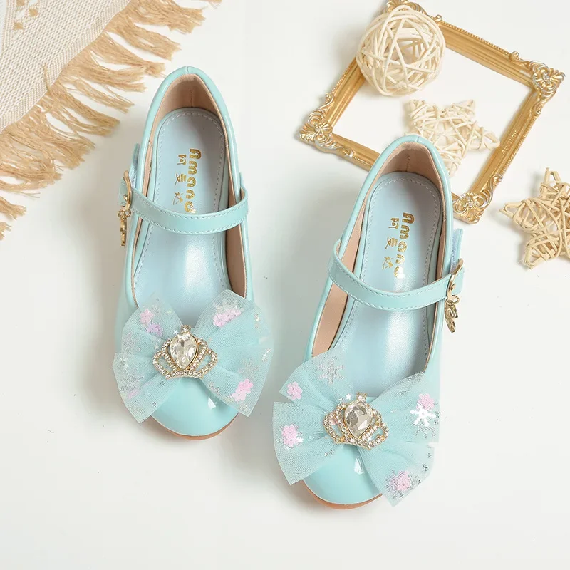Children's Leather Shoes Spring New Girls' Princess Shoes Fashion Crystal Bow Girls' High Heels Performance Dance Shoes
