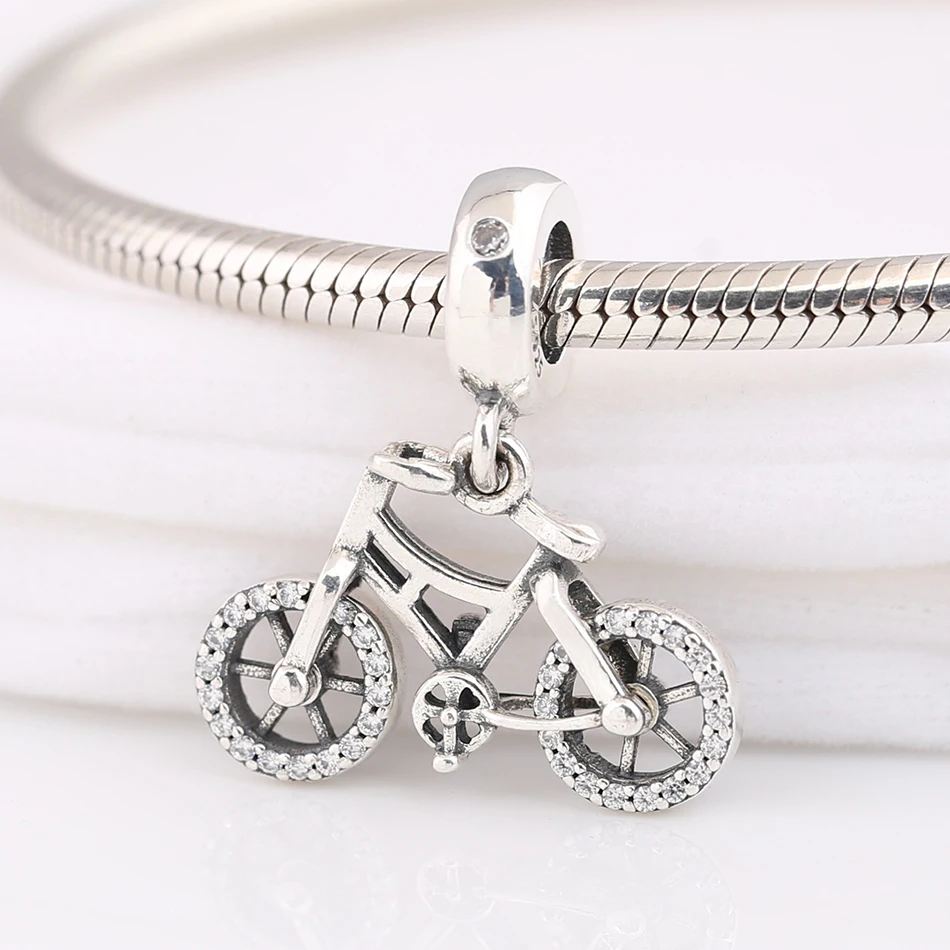 

Authentic S925 Sterling Silver Brilliant Bicycle With Crystal Dangle Charm Fit Women Bracelet Bangle DIY Jewelry Bike Pendant