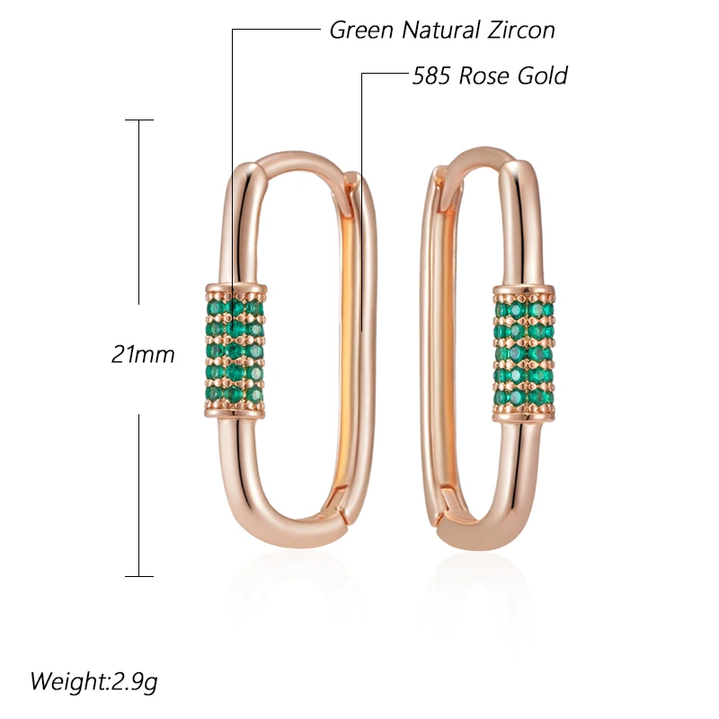 Kinel Luxuriöse grüne natürliche Zirkon-Quadrat-Creolen für Frauen, wunderschöne 585er Roségold-Farbe, modischer Alltagsschmuck, Geschenk