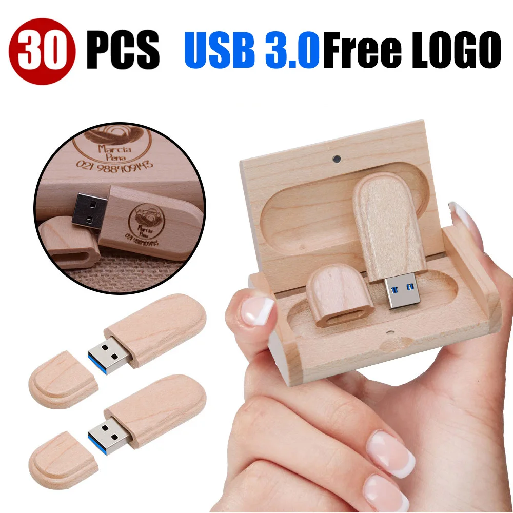 30PCS LOT USB 3.0 high speed Wooden Usb flash drive Maple wood+box pendrive 8/16/32/64/128GB creative gifts free custom logo