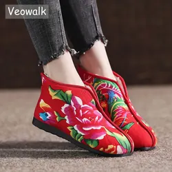 Veowalk 2025 Newly Women Chinese Style Embroidered Cotton Fabric Ankle Boots Ladies Comfort Loose Casual Comfort Boots Shoes