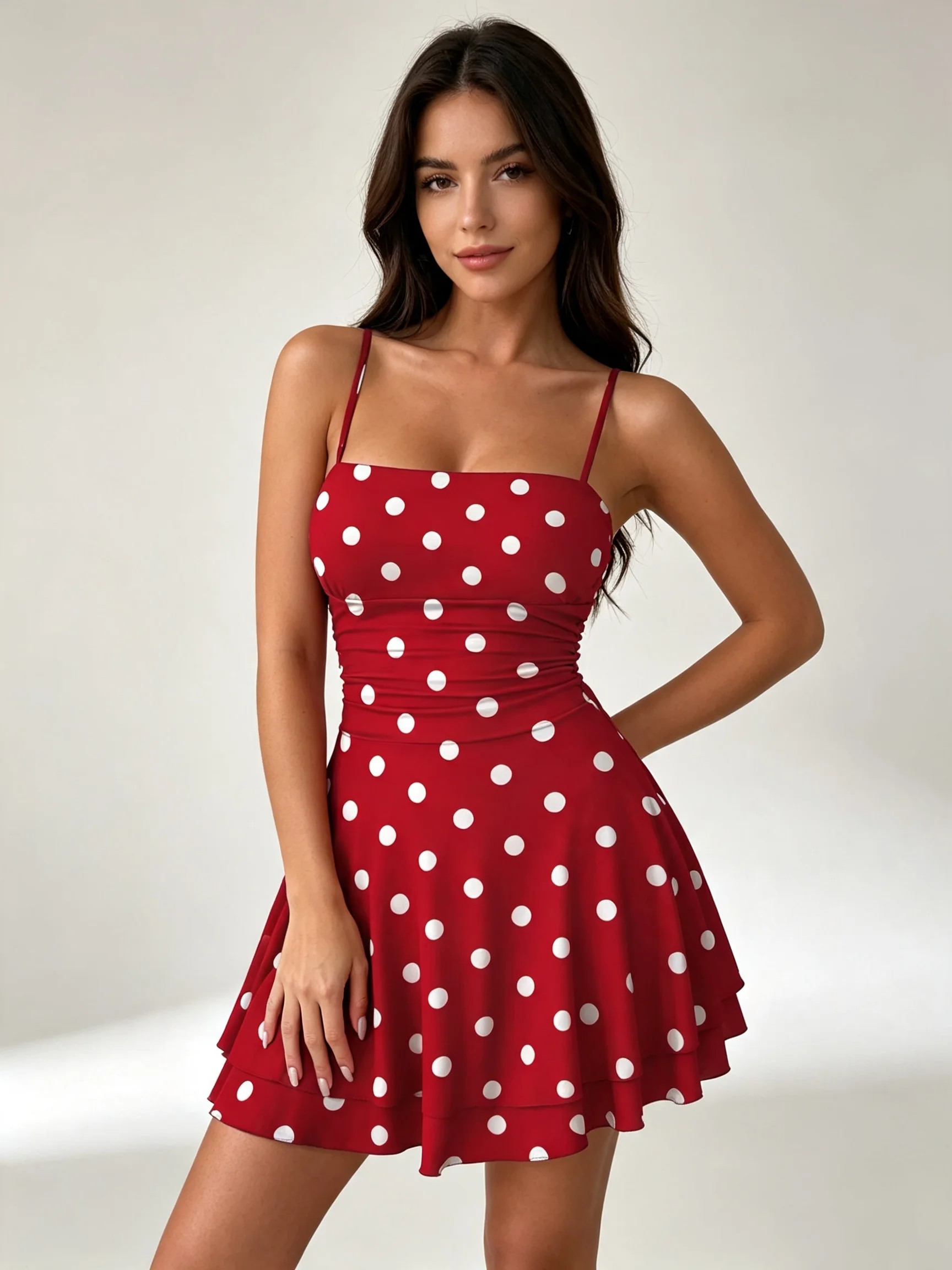 Women's Casual Square Neck Sleeveless Polka Dot Mini Dress Elegant Waist Strap Solid Color Skirt for Spring Summer