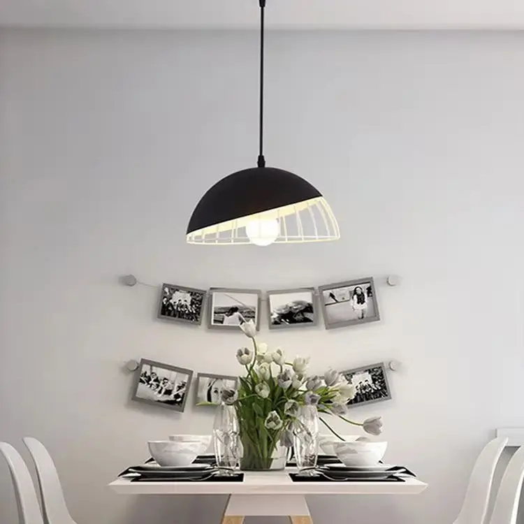 GEW Nordic Modern Half Dome Hollow Wire Cage Pendant Light E27 Metal Hanging Lamp for Cafe Dining Room Bedroom Decor