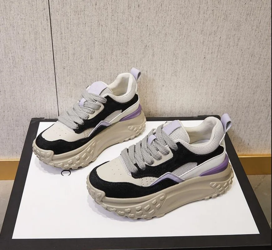 

Women's 6cm Genuine Leather Platform Sneakers Mesh Breathable Chunky Hidden Heel Mixed Color Vulcanize Shoes for Autumn Spring