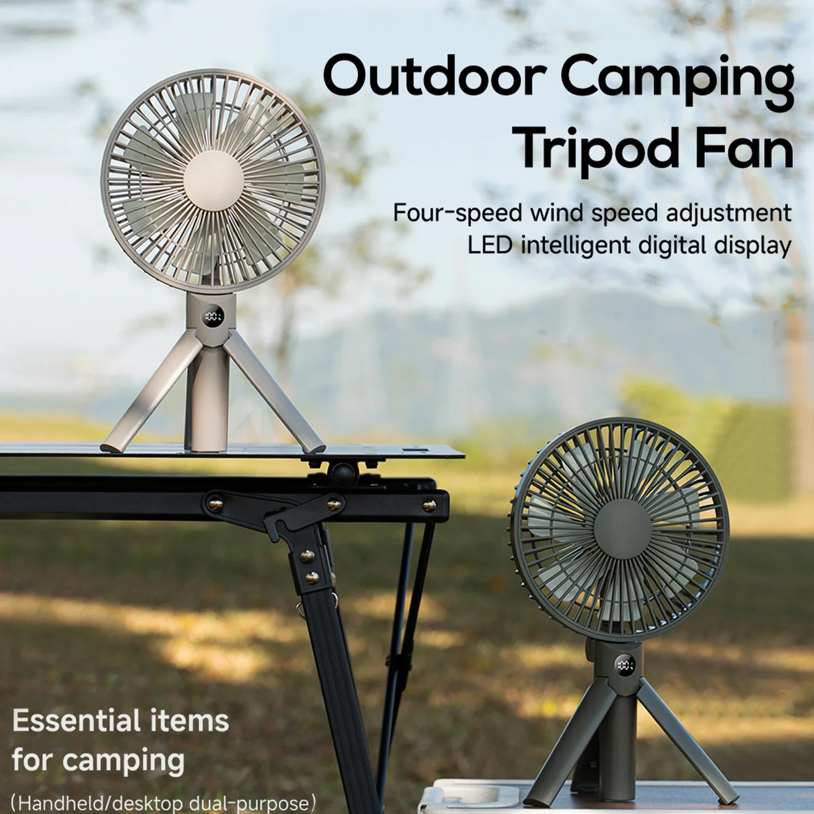 

180 Degree Adjustable Fans with LED Digital Display 4 Speed Wind Camping Tripod Fan Foldable Tripod Fans for Camping/Office/Home