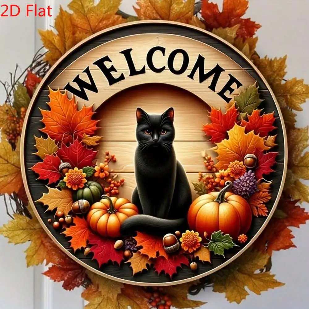 لافتة ترحيب معدنية مستديرة للخريف، عناصر حصاد القطط السوداء والخريف (القرع، أوراق القيقب)، ديكور حائط معدني معلق