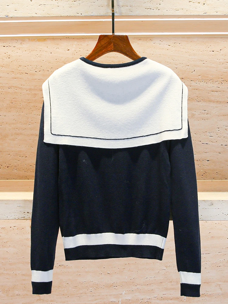 Miumem Navy Collar Knitted Sweater Women's Top with Belt Autumn Winter College Sle Long Sve Regular Fit Commute Sle