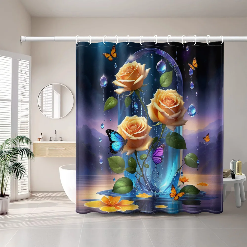 1pc of Orange Rose Butterfly Water Drop Transparent Cover Shower Curtain with Surface Reflection Print, Modern Art Style Bathroo