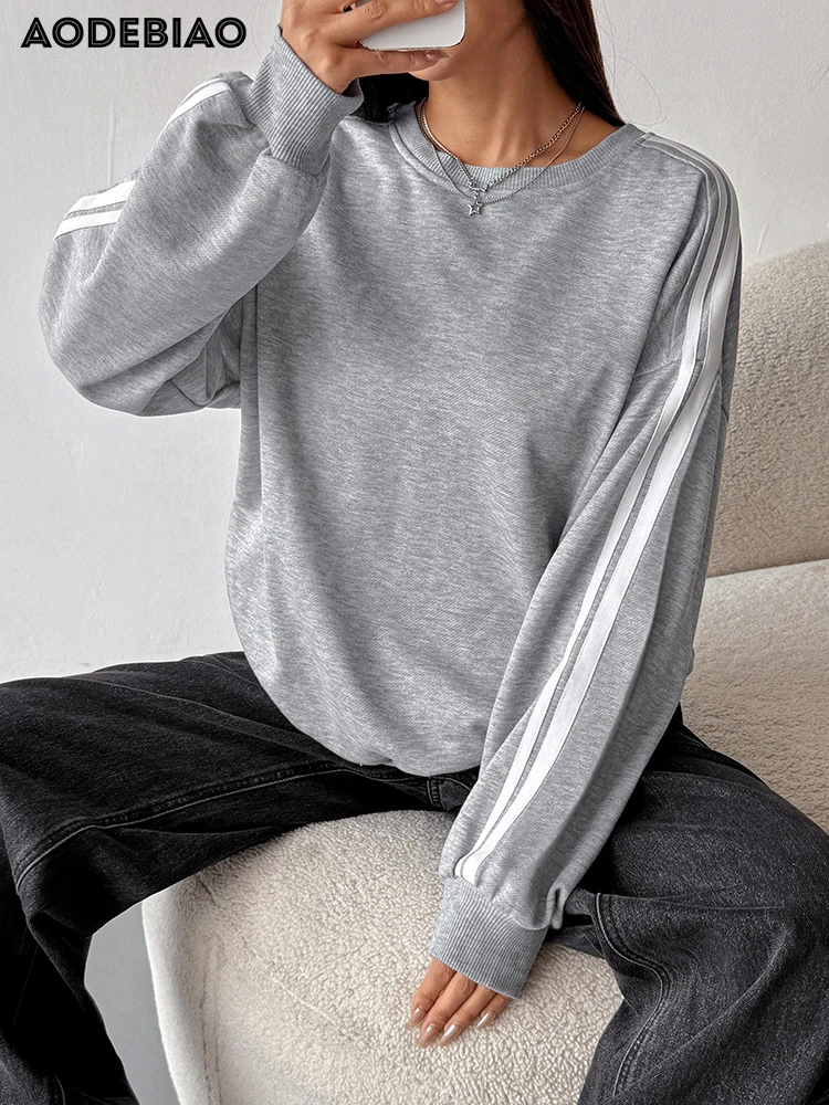 

AODEBIAO Grey Hoodie Women Autumn Long Sleeves Striped Fashion Solid Loose Hoodie Sexy O-Neck Casual Hoodie Women New Streetwear