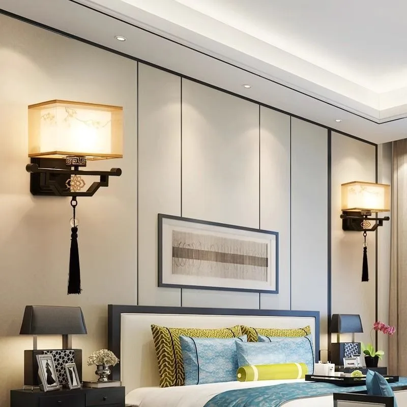 New Chinese Modern Vintage Metal LED Wall Light Living Room TV Wall Bedroom Bedside Hotel Hallway