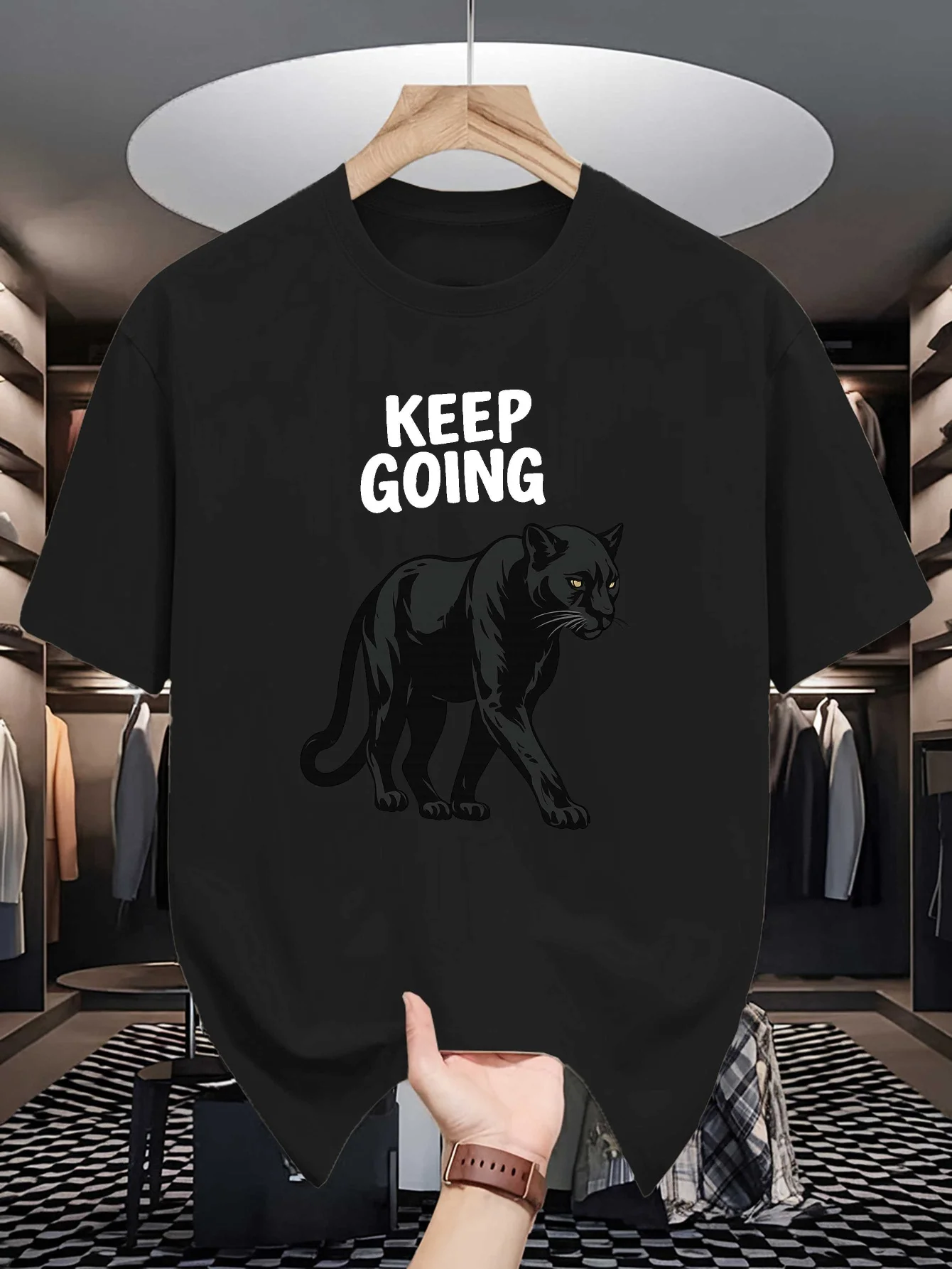 Mens Keep Going Black Panther Graphic Tee Inspirational Slogan Print O Neck Short Sleeve Cotton Tops For Mens Daily Street Wear