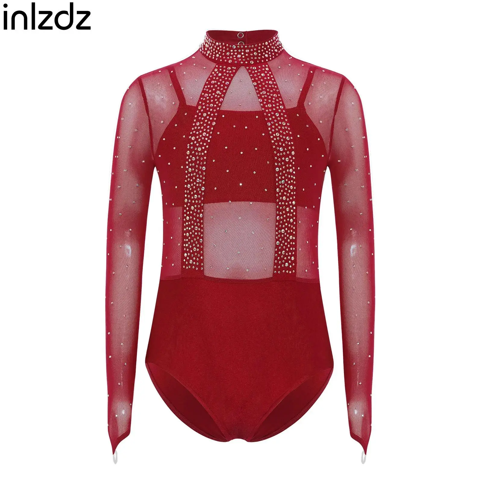 

Kid Girl Gymnastics Figure Skating Leotard Ballerina Costumes Long Sleeve Rhinestones Mesh Bodice Athletic Leotard with Camisole