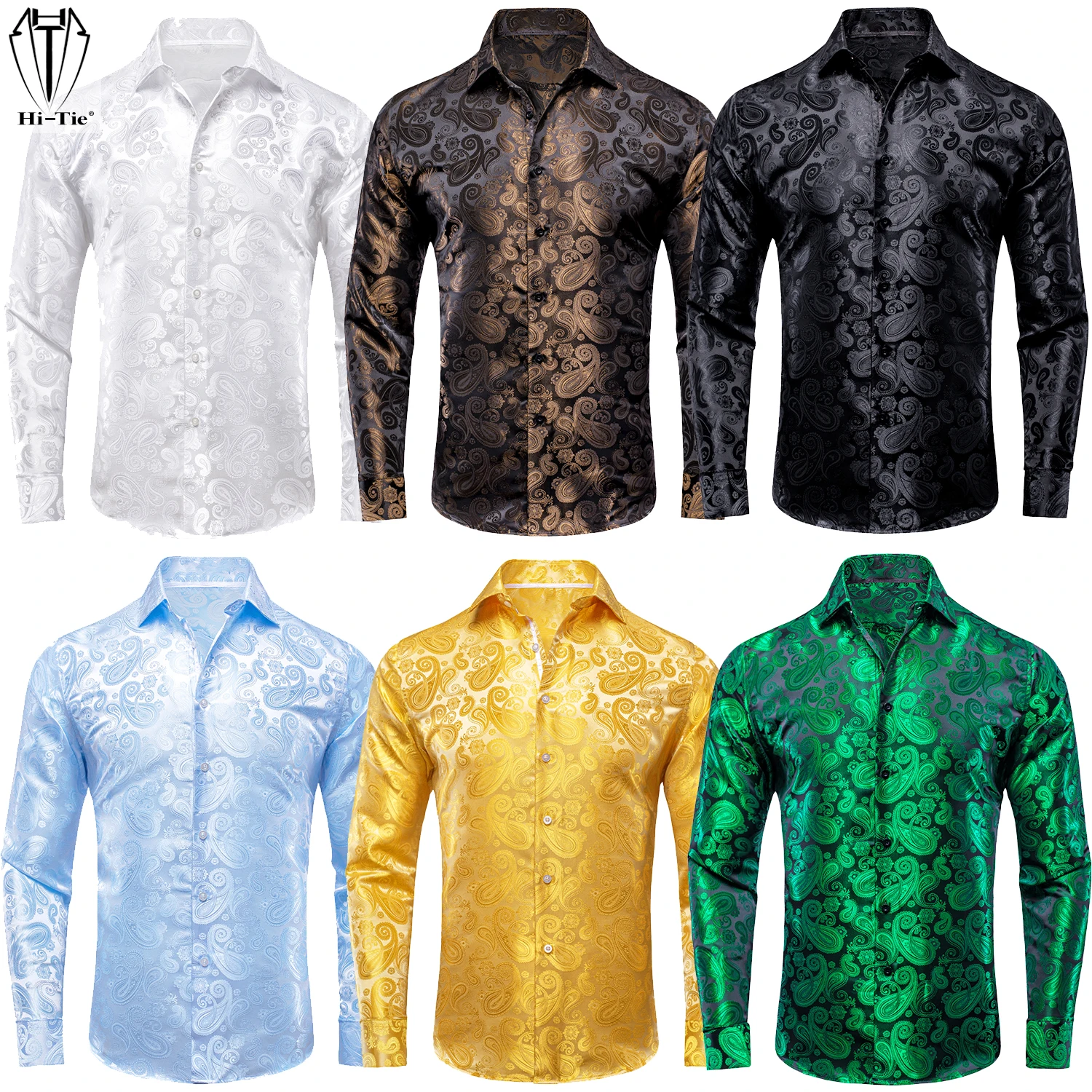 

Hi-Tie Silk Mens Shirts Jacquard Paisley Long Sleeve Suit Shirt Blouse for Male White Black Blue Red Green Gold Casual Formal