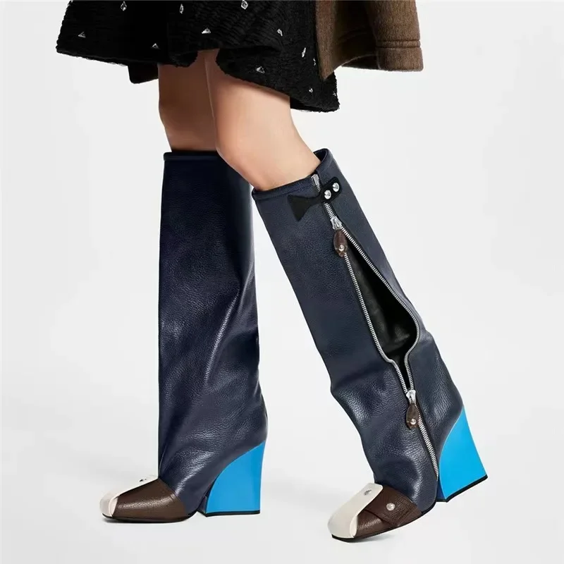 2026 Autumn Winter New Boots Wedge Thick Heel High Heel Square Toe Back Zipper Catwalk Mixed Color Short Boots Women's Boots - view 6