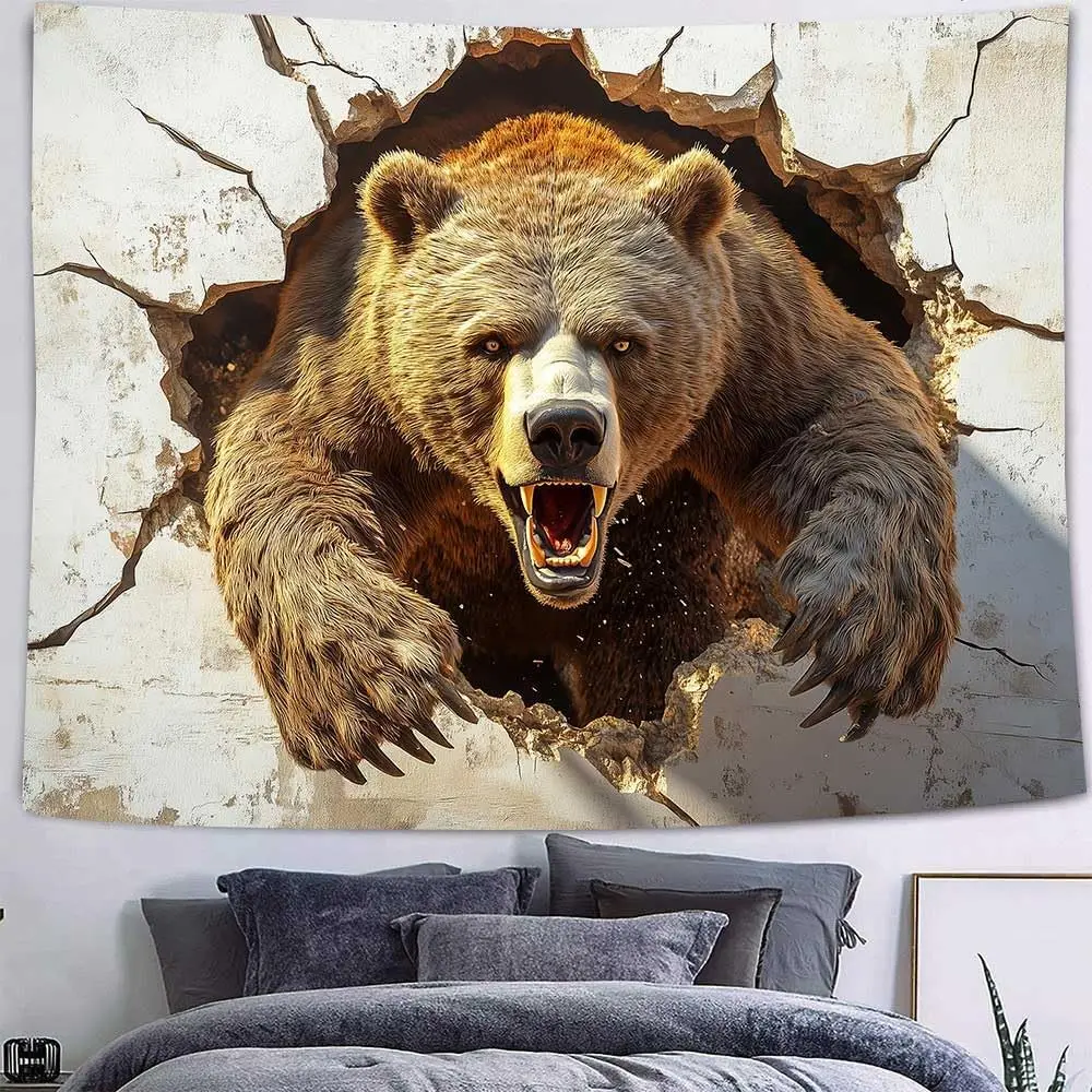 Majestic Grizzly Bear Roaring Tapestry Wall Hanging Rustic Forest Safari Jungle Animal Decor for Living Room Bedroom Home