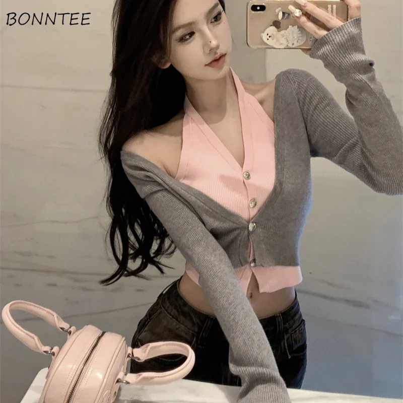 

Женский кардиган из 2 предметов, осенний укороченный на пуговицах с открытыми плечами, сексуальный вязаный дизайн, модный нежный универсальный 2024