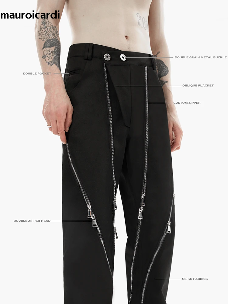 Mauroicardi Spring Autumn Cool Black Pencil Pants Men with Many Zippers Luxury Designer Clothing Trousers White Runway Fashion