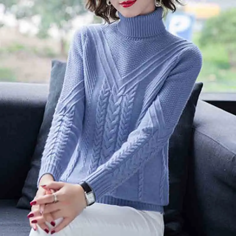 Knitted Casual Sweater Women's Autumn And Winter Warm Temperament Loose Turtleneck Knitted Pullover Sweater Bottoming ShirtLady