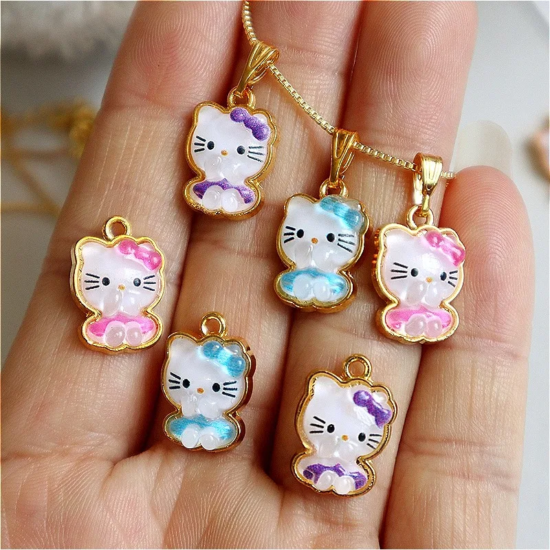 10PCS Cartoon Kawaii Hello Kitty Resin Metal Pendant Cute Alloy Charms DIY Necklace Bracelet Earrings Keychain Dangle Accessory