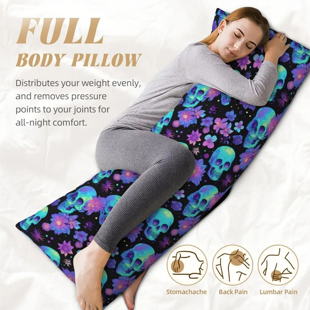 20X54 Inch Body Pillow Cover Without Pillow Insert, Featuring a Hidden Zipper - Purple Floral And Blue Skull Pattern, Fun Design