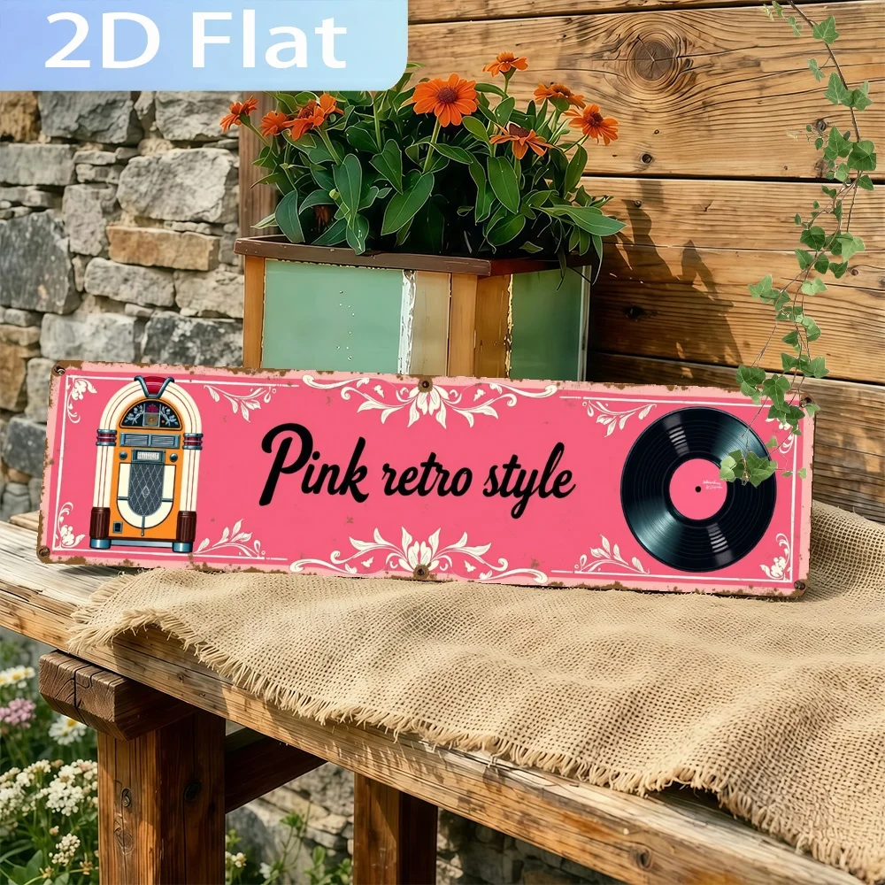 2D Flat - This Is a Vintage-Style Sign Featuring a Jukebox And Vinyl Record in a Pink Retro Design. It Makes a Perfect