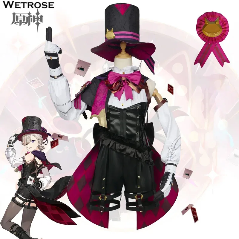 【Wetrose】 Disponibile Lyney Costume Cosplay Set di carte da poker Fontaine Genshin Impact Parrucca stile Halloween Francia Mago Gatto
