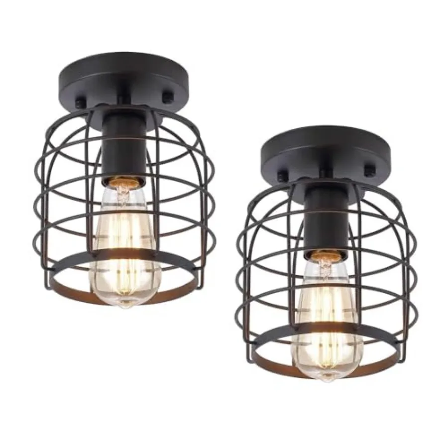 ® Industrial Vintage Flush Mount Ceiling Light, Rustic Metal Cage Semi Flush Mount Ceiling Lamp Fixture for Hallway Stairway Ki