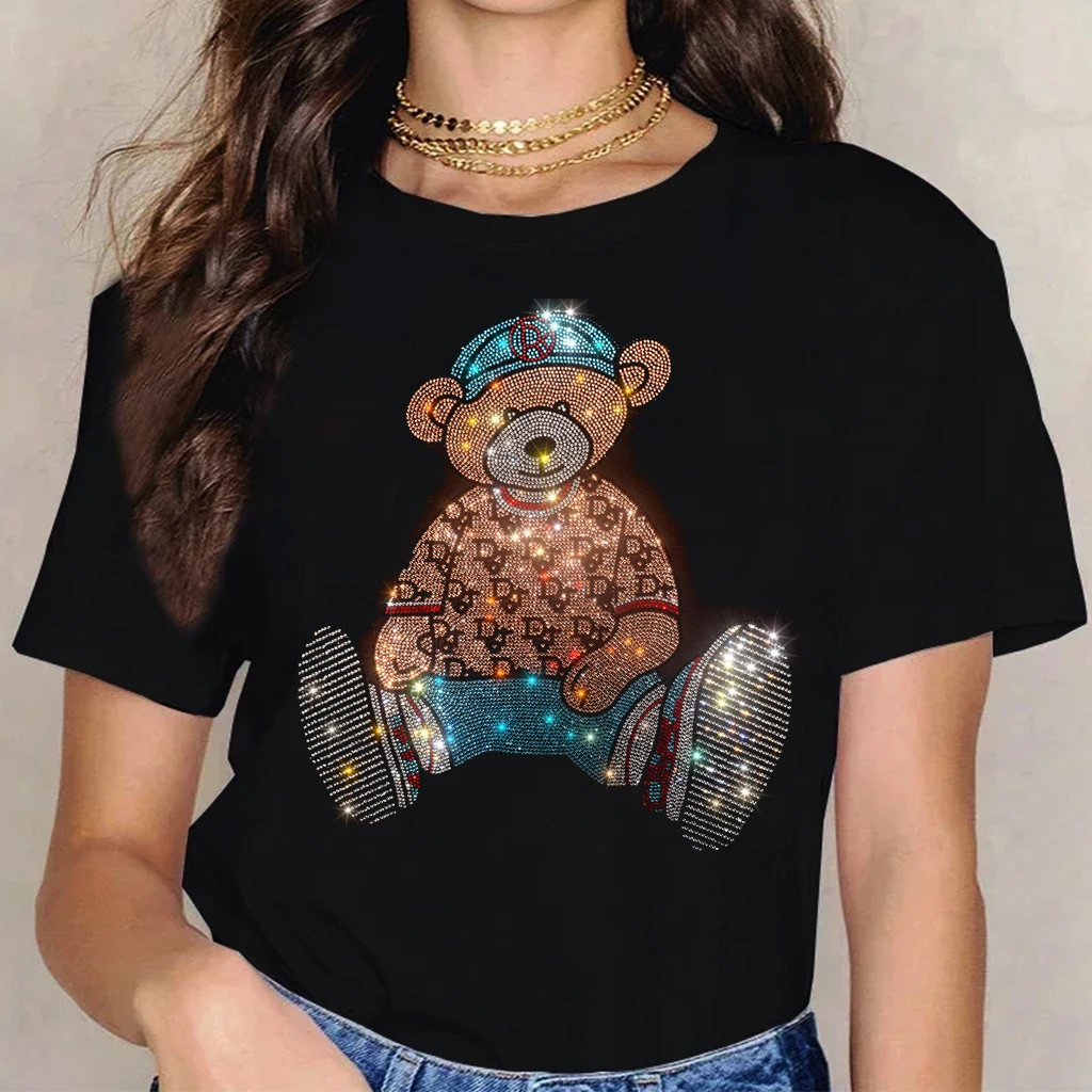 Hot Women's T-Shirt Summer Casual Cotton Short Sleeve fashion T Shirt cute bear pattern High-quality Drill T-Shirt rhinestone