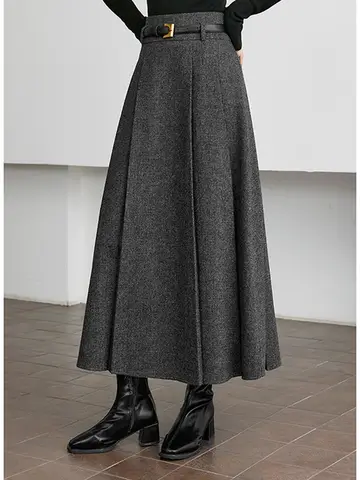 VIMLY Elegant Simple 37.2% Wool Blended Pleated Skirt Winter High Waist Stereo Heavy Duty Skirt For Women Office Lady Clothes