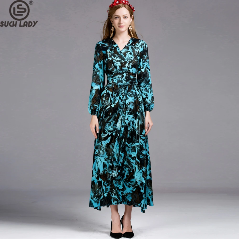 Elegante Vestido Maxi con Estampado Abstracto en Turquesa y Marrón, Cuello en V, Mangas Largas y Cinturón Ajustable, Vestido Largo Fluido hasta el Suelo