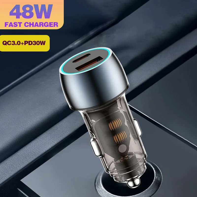 48W 2 Port Mini Car Charger with Super PD20W QC3.0 Fast Charging USB car Cigarette Lighter Adapter Transparent Design for phones