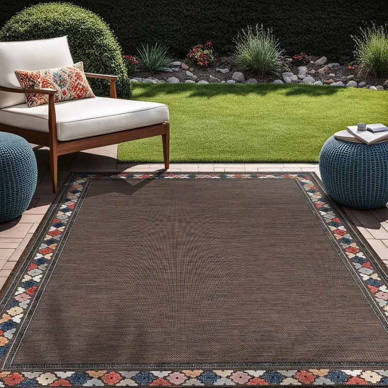 Outdoor Rug 10x14 Bordered Modern Floral Large Area Rugs for Indoor and Outdoor Patio Easy to Clean Non Shedding Living Room