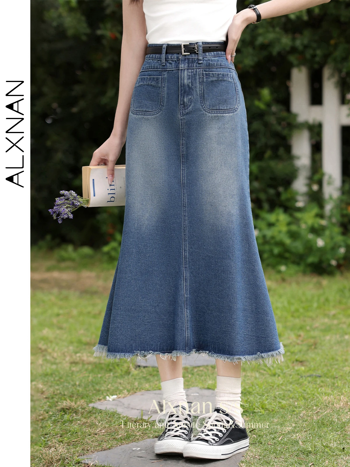 ALXNAN Mermaid Denim Skirt for Women 2024 Spring Summer New Midi Slim Vintage Fashion Trumpet Jeans Skirts Woman Clothing L33968