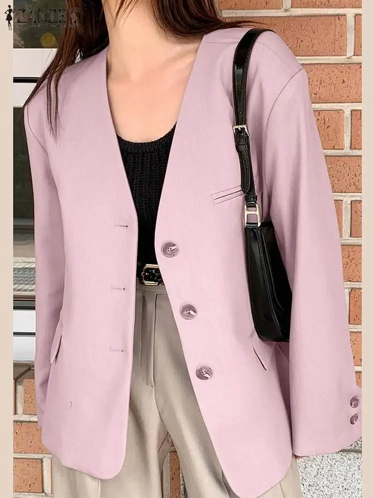 

2023 Summer Sexy V Neck Outerwear ZANZEA Elegant Women Blazer Fashion Long Sleeve Fake Pocket Jacket Casual Solid Color Coats