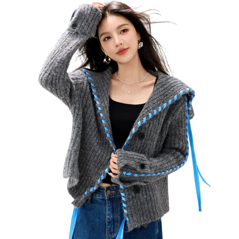 

Серый свитер с большим отложным воротником, пальто, женский осенне-зимний корейский ленивый стиль, однобортный мягкий вязаный кардиган, верхняя одежда