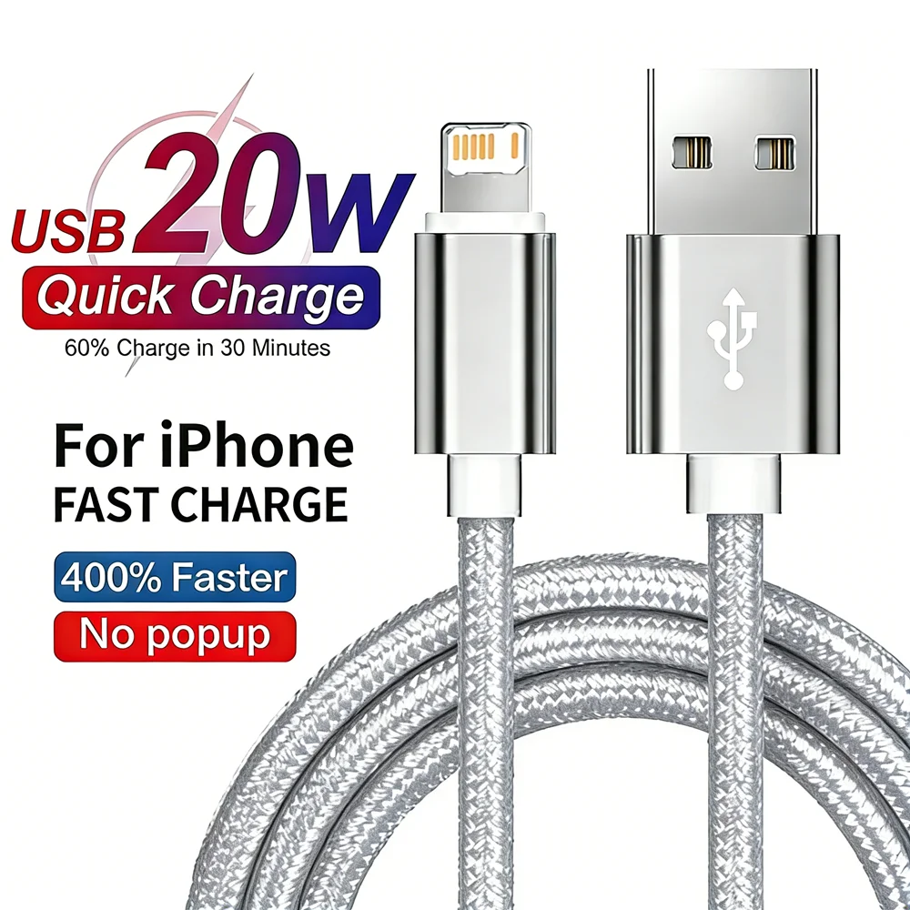 20W Braided Fast Charging USB Cable For iPhone 11 12 13 Mini 14 Pro Max X XR XS Max 7 8 14 Plus Nylon Weaving Quick Charge Cable